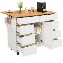 Meuble îlot de cuisine modulable blanc – Avec chariot roulant, plateau de travail et rangement pratique (tiroirs et étagère à épices) - Blanc + MDF-1 - Voir 7