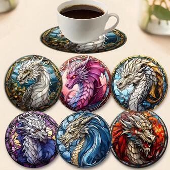 2D Flat 6pcs Dragon Coaster Set, Tea/Coffee Cup Mats, Home & Restaurant Decor, Creative Holiday Gift, Humorous Style, Wooden Art & Handicraft, Perfect Gift For Friends & Colleagues