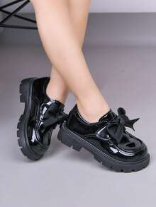 Girls' Elegant Comfortable Flat Shoes, Fashion Leather Bow Slip-On Loafers - Black - View 4