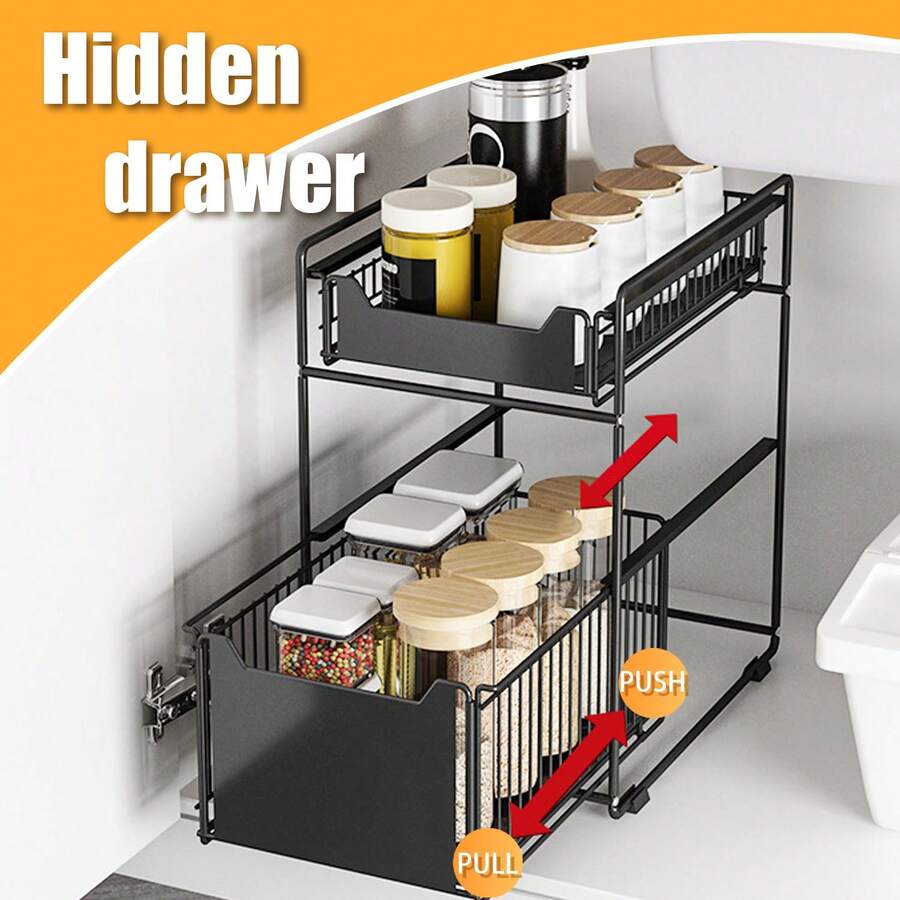 Under Sink Storage 2 Tier Cabinet Rack Under Sink Shelf,Under Sink With Sliding Drawer,Under Sink Organizer Removable,For Kitchen And Bathroom Under Sink Rack Shelf, White Or Black ,Two Size To Choose - 黑色小號 - 查看 1
