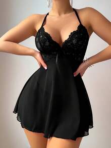 Women's Fashion And Elegance, Sexy And Comfortable, Soft Mesh Lace Splicing Backless V-Neck Thin Suspender A-Word Nightdress, Pajamas, Loungewear - màu đen - Xem 4