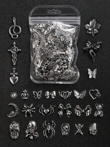 100 chiếc phụ kiện trang trí móng tay kim loại hình đầu lâu 3D, tay bắt chéo, dơi, trái tim, nhện, rắn và quỷ cho Halloween; Trang sức móng tay hình rắn, quỷ, đầu lâu, thỏ và xương dơi kiểu cổ điển; Đá quý móng tay kim loại phong cách Y2K cho các cô gái tự làm; Miếng dán móng tay acrylic cho ốp điện thoại, giày dép, quần áo và túi xách. - Nhiều màu - Xem 1