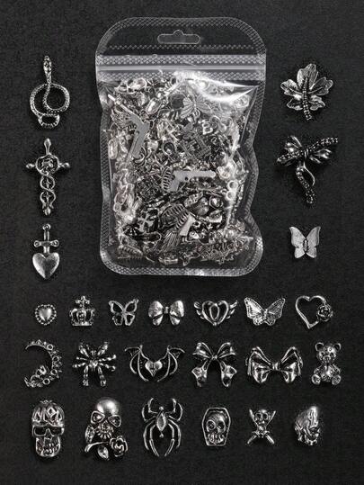 100件万圣节3D骷髅、交叉双手、蝙蝠、爱心、蜘蛛、蛇和恶魔金属美甲装饰；复古蛇、恶魔、骷髅、兔子和蝙蝠骨美甲饰品；Y2K哥特风金属美甲宝石，适合DIY女孩；亚克力美甲贴纸，可用于手机壳、鞋子、衣服和包包等美甲用品