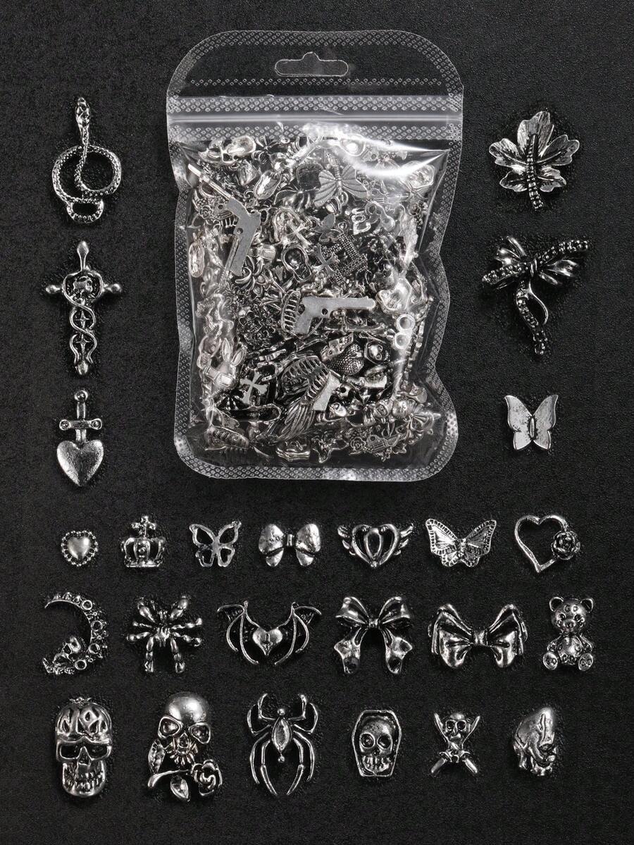 100 chiếc phụ kiện trang trí móng tay kim loại hình đầu lâu 3D, tay bắt chéo, dơi, trái tim, nhện, rắn và quỷ cho Halloween; Trang sức móng tay hình rắn, quỷ, đầu lâu, thỏ và xương dơi kiểu cổ điển; Đá quý móng tay kim loại phong cách Y2K cho các cô gái tự làm; Miếng dán móng tay acrylic cho ốp điện thoại, giày dép, quần áo và túi xách. - Nhiều màu - Xem 1