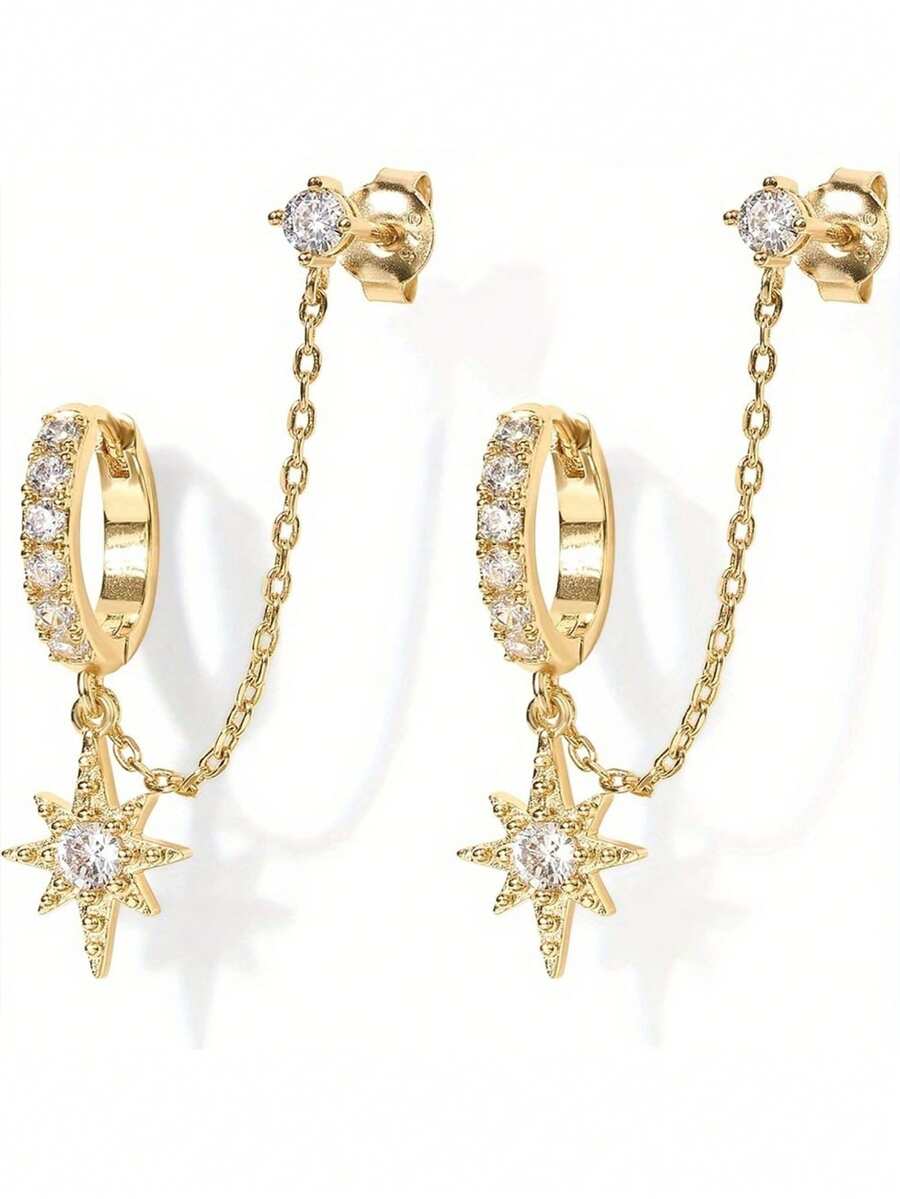 Fashionable Star Shaped Double Pierced Chain Earrings, Suitable As Jewelry Gift For Parties And Friends