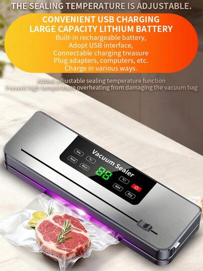 10件套便携式真空封口机，带数字显示屏，干湿食品模式，适用于烹饪、露营和餐饮服务，快速密封食品，保鲜零食、肉类、水果、蔬菜等，节省空间设计
