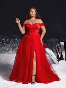 VIPGIRL 优雅红色露肩大码高开衩A字连衣裙，褶皱腰身设计，雪纺裙摆，优雅派对礼服，女士正式舞会礼服 - 紅色 - 查看 4