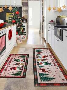 1/2 Peças Conjunto de Tapete de Cozinha de Natal, Tapete de Natal Alegre (Com Padrão de Gnomos e Árvore de Natal), Tapete de Cozinha de Natal, Tapete Lavável para Porta da Frente, Tapete Resistente a Manchas, Capacho de Poliéster 40*60cm/40*120cm, Suprimentos para Festa de Natal - Multicolorido - Visão 4