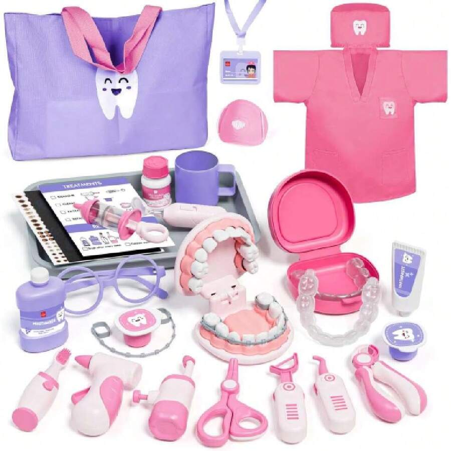 Juego de Dentista, 31Pcs Kit de Dentista Juguetes Para Niño Regalos Para Niñas y Niños con Dentista-Uniforme y Gorro de Médico, Cepillo de Dientes Eléctrico y Pasta, Juguetes Para Niños de 3 4 5 6,37295330 - Blanco y Negro - Ver 1