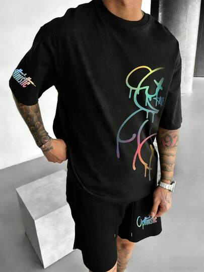 K-GLORY Men's Casual Versatile Line & Bear English Slogan Short Sleeve T-Shirt And Shorts Set, Spring/Summer