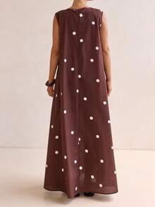LUNA Vestido largo holgado con estampado de lunares, vestido de chaleco informal, adecuado para uso diario. - Café - Ver 5