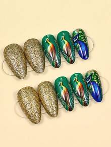 24片春夏蓝孔雀亚克力美甲贴片，绿色甲片，金色闪粉，中号杏仁形，完美贴合假指甲，包含1片果冻胶和1个指甲锉，适合女性和女孩，日常和派对美甲用品 - 彩色 - 查看 3