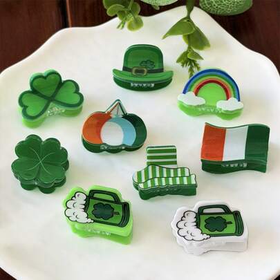 9pcs St. Patrick's Day Women Cute Green Clover, Rainbow, Beer Mug, Hat, Balloon Mini Hair Clips, Bangs Side Hair Claw, Suitable For Holiday Party, Daily Wear, Elegant Bohemian Hair Accessories