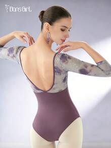 DonsGirl Áo liền quần múa ba lê nữ, trang phục khiêu vũ thanh lịch với họa tiết hoa hồng 3D bằng lưới và tay áo lửng, thích hợp cho thể thao mùa xuân. - Màu tím - Xem 3