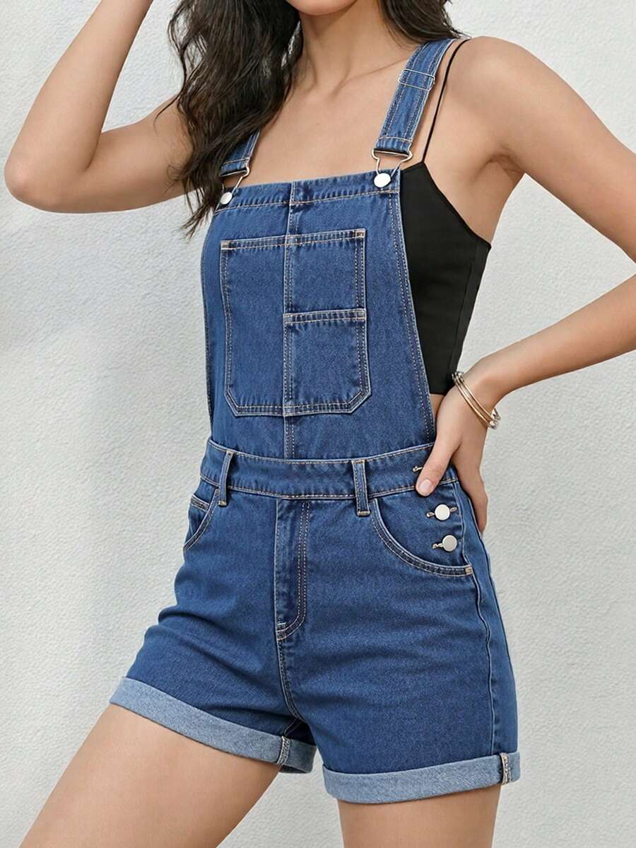Women's Adjustable Strap Denim Romper, Casual Cuffed Loose Shorts, Solid Woven Fabric, Energetic, College Style, Cute, Young, Street