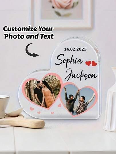 Personalized Acrylic Engagement Frame - Heart-Shaped Keepsake With "Sophia & Jackson" Text, Wedding Date, And Photos Of Couple, Ideal For Wedding Decor And Special Occasions, Wedding Decorations