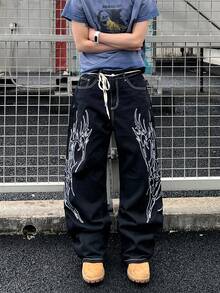 1pc Casual American Street Brand Embroidered Pattern Men's Loose Wide-Leg Jeans, Versatile Long Pants (Belt And Accessories Not Included) - Black - View 1