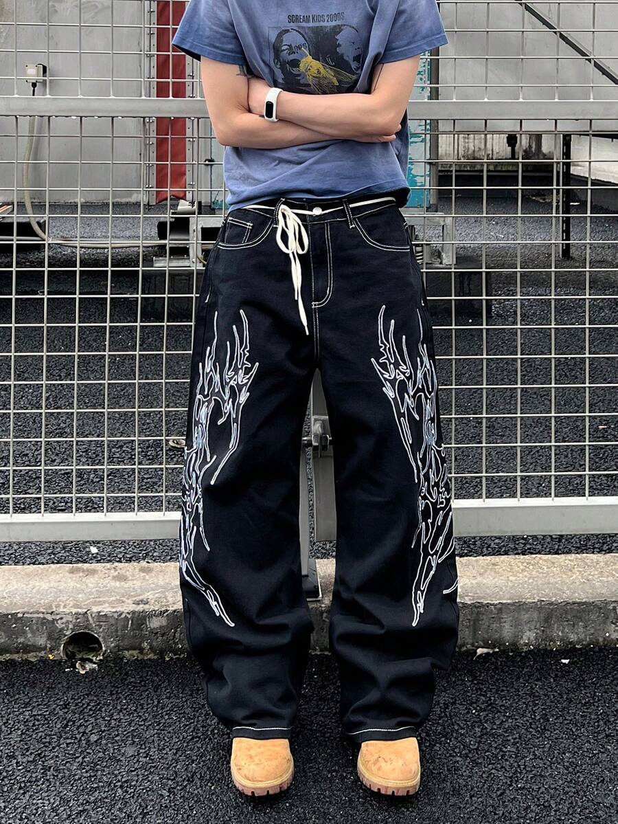 1pc Casual American Street Brand Embroidered Pattern Men's Loose Wide-Leg Jeans, Versatile Long Pants (Belt And Accessories Not Included) - Black - View 1