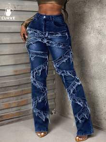 NEW Women's Plus Size Denim Mom Fit Jeans With Destructive Shredded Raw Hem Detailing, Long High Stretch - 藍色 - 查看 4