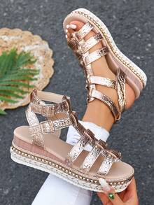 新款波西米亚风女士坡跟凉鞋，亮泽的绿松石色，罗马式高跟凉鞋，适合春夏休闲、户外度假、海滩穿着，尺码齐全，旅行必备 - 香檳色 - 查看 2