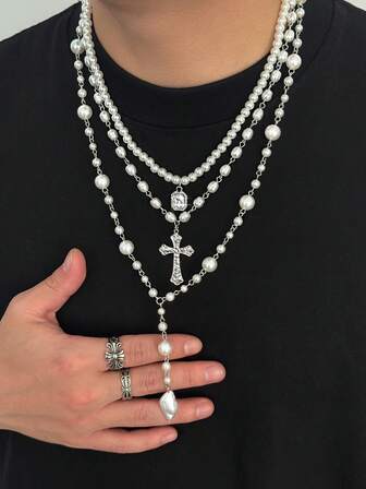 3pcs Faux Pearl Cross Necklace, Unisex French Retro Choker Necklace, Personalized Jewelry