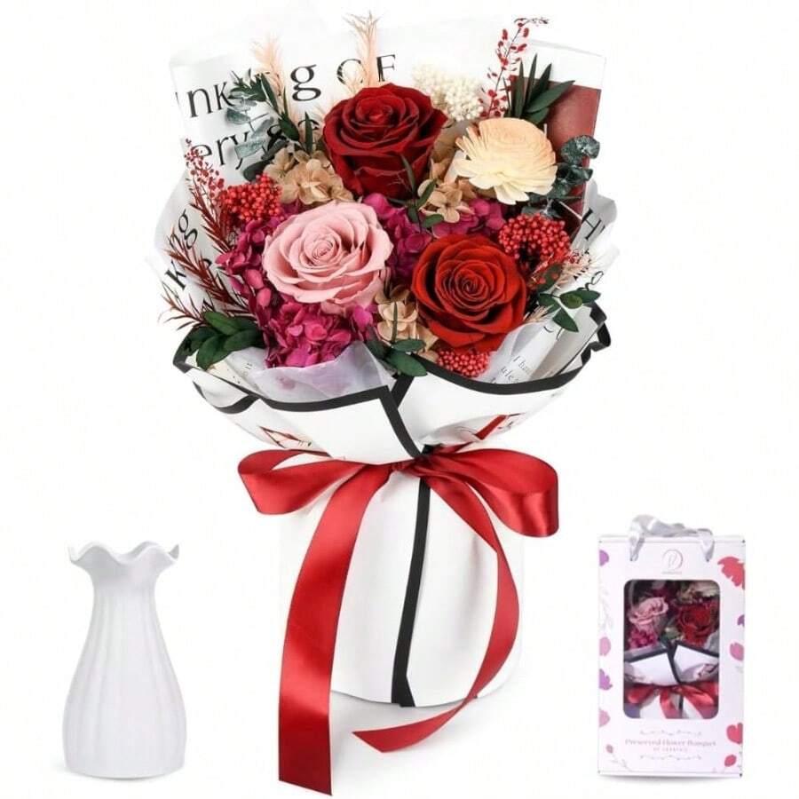 Vaanshie Bouquet de Flores Eternamente Frescas Bouquet de Rosas Rosas-Rojas Preservadas de Larga Duracion para el Dia de San Valentin Navidad Aniversario Regalos de Cumpleaños para Ella - Rojo - Ver 1