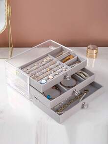 3-Layer Velvet Jewelry Box, Drawer Style Jewelry Box, Ring Box, Earring Storage Box, 3-Layer Transparent Acrylic Velvet Drawer Jewelry Storage Box, New 3-Layer Velvet Jewelry Box, Desktop Acrylic Ornament Organizer With Multiple Compartments - Multicolor - View 10