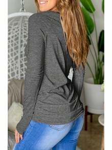 Women's Thumb Hole T-Shirt Long Sleeve Crew Neck Plain Shirts Casual Ruched Tee Tops - 灰色 - 查看 3