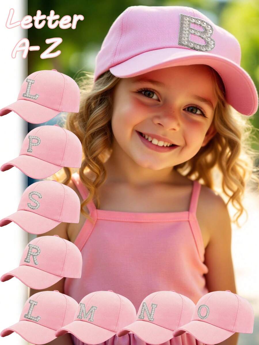 1pc Kids Letter A-Z Navy Blue Baseball Cap, Adjustable Strap, Fashion Sports Visor Snapback Cap For Boys Girls, Back To School, Ages 3-8 - Pink - View 1