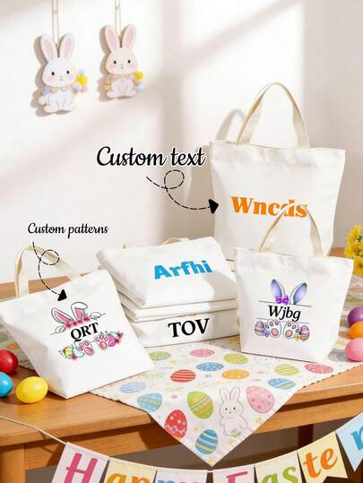 Customized Easter Bunny Basket With Personalized Graphic Pattern, Personalized Text & Graphic Canvas Tote Bag. Easter Egg Hunt Bag, Storage Bag, Holiday Storage Bag, Personalized Name, Boys, Girls Personalized Storage Bag.