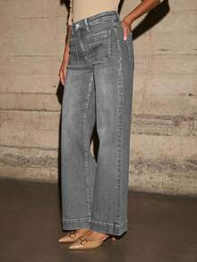 Stylish Women's Gray Denim Long Straight Leg Jeans With Front Pockets And Medium Stretch Casual - Grey - View 6