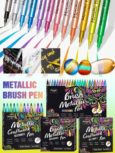 24 st/set metalliska akrylfärgsmarkörer, 2 spetsstorlekar, 24 färger, permanent tuschpenna för keramik, glas, plast, skolmaterial och högtidssaker, första april, påskpresenter, skolmaterial