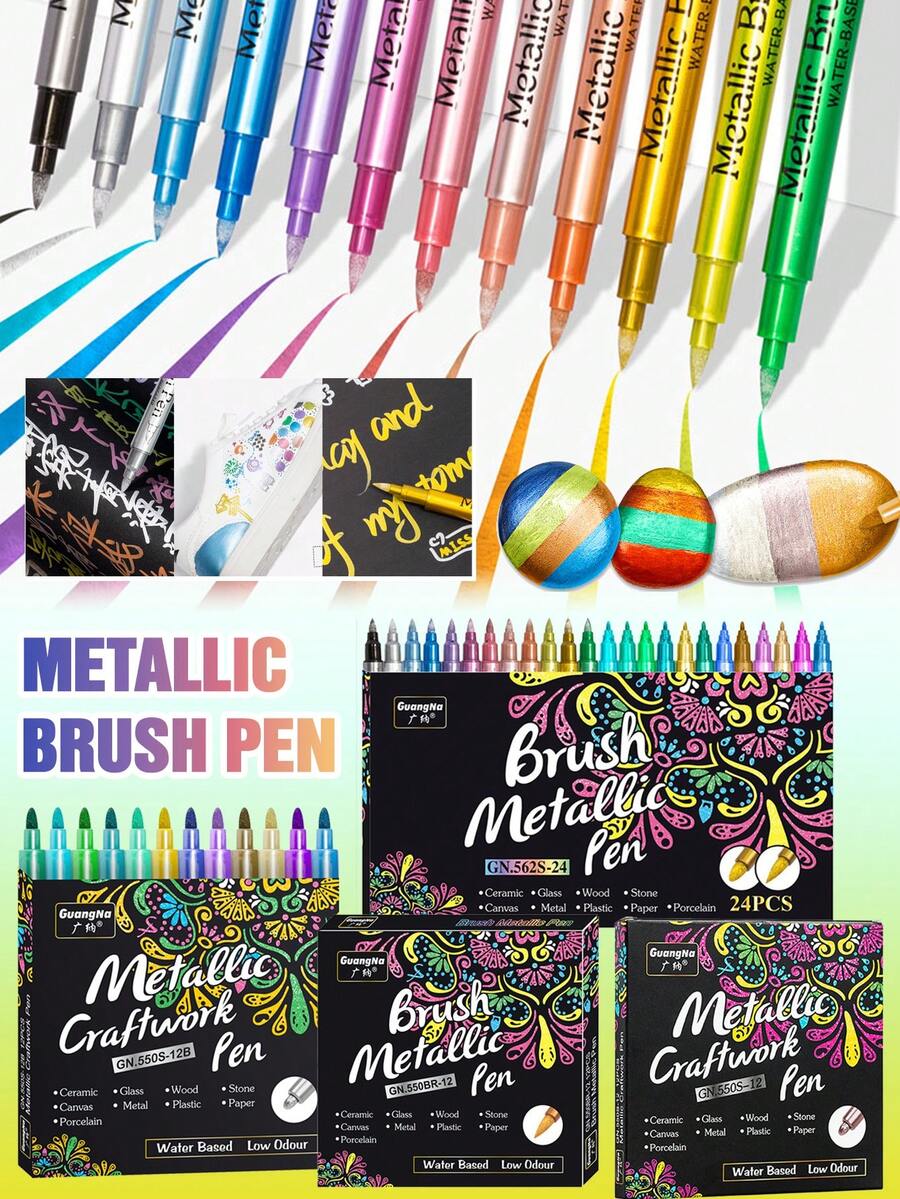 24 st/set metalliska akrylfärgsmarkörer, 2 spetsstorlekar, 24 färger, permanent tuschpenna för keramik, glas, plast, skolmaterial och högtidssaker, första april, påskpresenter, skolmaterial - Metalliska markörer - Visa 1