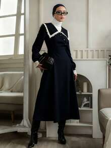 DAZY Robe mi-longue color block pour femmes, automne/hiver - Bleu marine - Voir 4