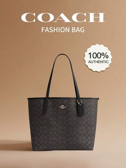 Coach Bolso de cuero genuino grande tipo tote para mujer, bolso de hombro para compras, bolso de mano City 33, patchwork negro y marrón CV976 IMXAQ