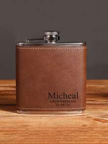 1pc Customized Engraved Leather Wrapped Stainless Steel Flask, Personalized Leather Flask For Men, Customizable With Name, Suitable As Gift, Groomsman Gift, Best Men's Gift, Leather Flask, Engraved Groomsman Flask, Wedding Flask - Multicolor - View 11