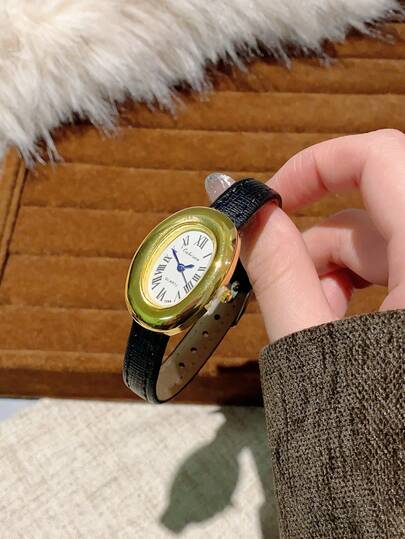 1pc Oval PU Leather Quartz Watch, Gradient Roman Numeral, Elegant Casual, Suitable For Daily Wear, Birthday/New Year Gift, Party Favor