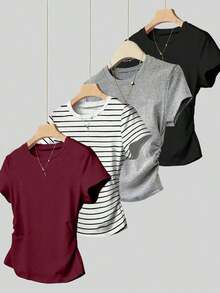 Camiseta casual versátil de mujer con cuello redondo y manga corta plisada - Negro - Ver 6