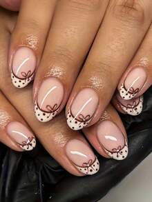 24pcs Short Oval Press On Nails, Y2K Style, Brown Bow Design, Glossy Shiny Finish, Reusable Fake Nails Nail Tips Set For Women Daily Wear Casual Outings - Multicolor - View 8