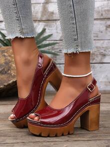 Women's New Thick Sole Chunky Heel Open Toe Sandals, Fashionable Retro Design For Daily Wear, Gatherings And Versatile - Red - View 2