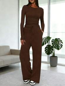 Women's Casual Clothing Solid Color Two-Piece Women's Casual Waist Pleated Long-Sleeved Top With Trousers Suit - nâu sẫm - Xem 1