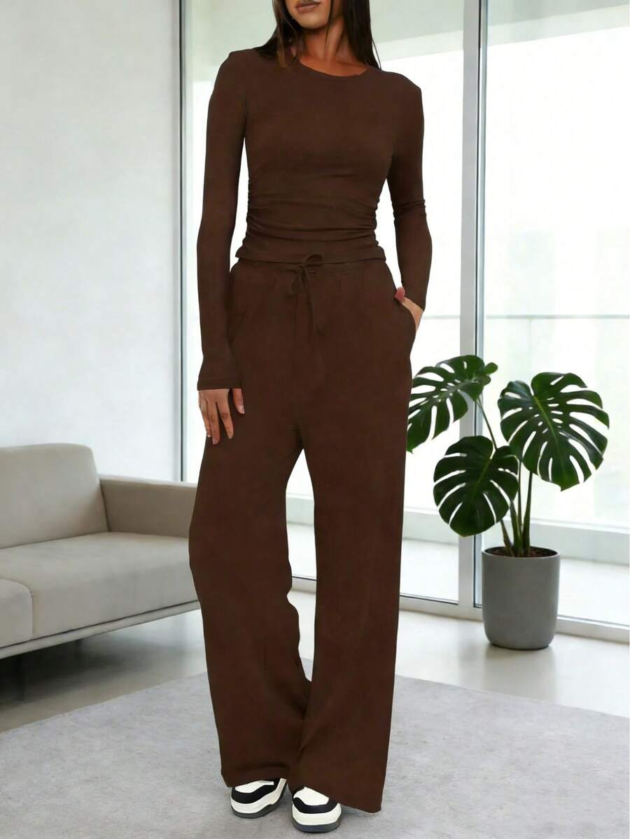 Women's Casual Clothing Solid Color Two-Piece Women's Casual Waist Pleated Long-Sleeved Top With Trousers Suit - nâu sẫm - Xem 1