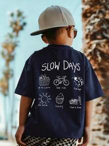 1件装幼儿男童休闲印花圆领短袖T恤，夏季学生装 - 这款印有趣味字母图案的T恤为每个孩子带来欢乐！慢生活 - 藏蓝色 - 查看 1