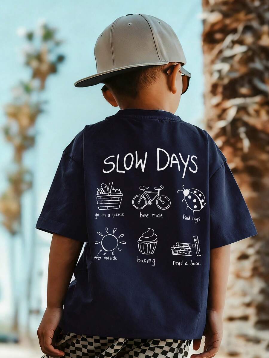 1件装幼儿男童休闲印花圆领短袖T恤，夏季学生装 - 这款印有趣味字母图案的T恤为每个孩子带来欢乐！慢生活 - 藏蓝色 - 查看 1