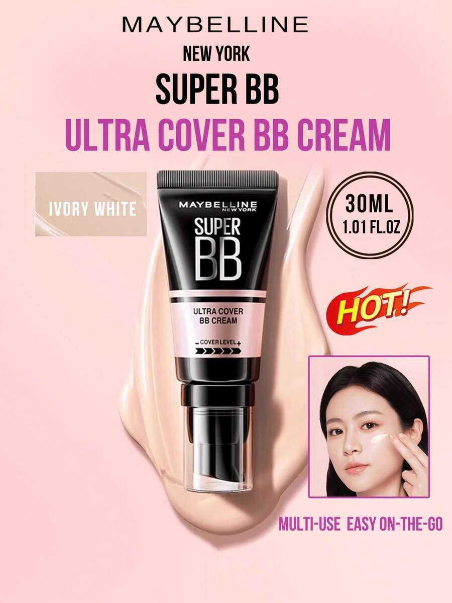 Maybelline Super BB Ultra Cover BB Cream #IVORY WHITE 30ML/1.01FL.OZ, One-Swipe Perfect Makeup with Cover Level+ High Coverage, Multi-Effect in One, Cream Texture with Four Key Essences, 3-Step Easy Application (Warm-Press-Pat) for Naturaling Sake Look, for.