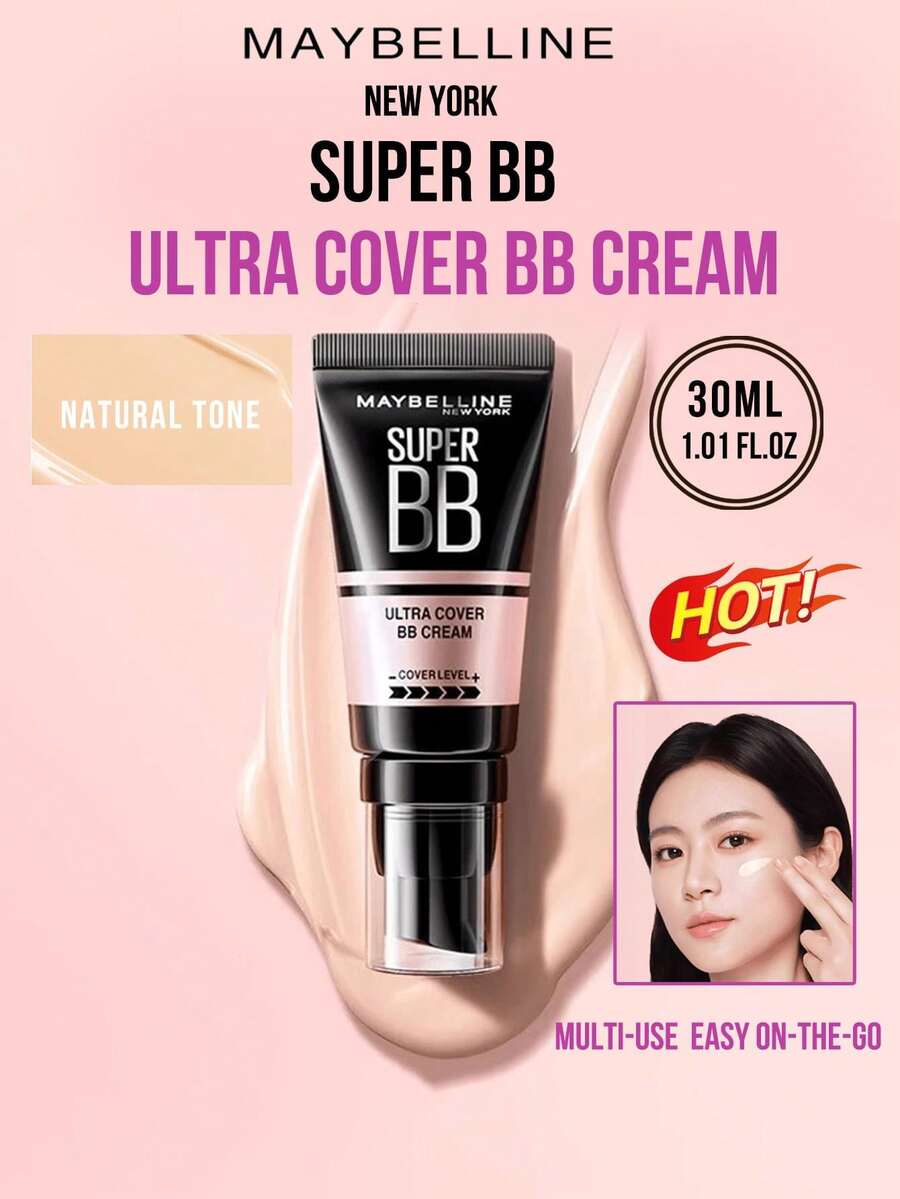 Maybelline Super BB Ultra Cover BB Cream #NATURAL WHITE 30ML/1.01FL.OZ, One-Swipe Perfect Makeup with Cover Level+ High Coverage, Multi-Effect in One, Cream Texture with Four Key Essences, 3-Step Easy Application (Warm-Press-Patad Natural-M. Coverage