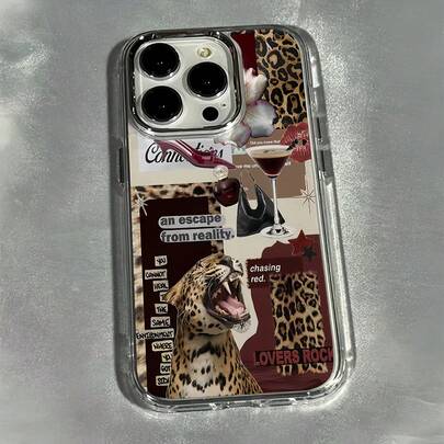 1 adet Metal Şeffaf Kılıf, Elektroliz Kaplama, Minimalist Leopar Desenli Dudaklar, Şarap Kadehi, İngiliz Puzzle Desenli Telefon Kılıfı, 16 Pro Max, 17/15/14 Plus, 13/12/11, Air modelleri için uygundur.