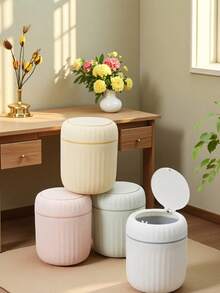 1pc PP Plastic Desk Trash Can, Creative Office Garbage Bin With Lid, Living Room & Study Room Waste Basket, Roman Stripe Recycling Container, Storage Bin, Bathroom & Kitchen