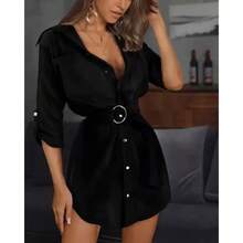 Vestido de manga larga con cuello solapa de unicolor - Caqui - Ver 3