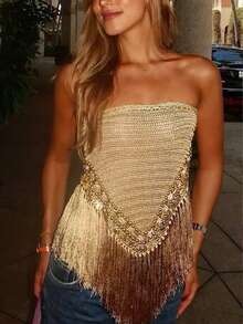 Women's Bright Yellow Fringed Irregular Strapless Party Top, Women's Slim-Fit Nightclub Party Top - 金色 - 查看 2